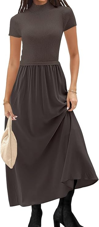 MEROKEETY Women's Short Sleeve Sweater Maxi Dress Mock Neck Ribbed Knit Flowy Patchwork Long Dres... | Amazon (US)