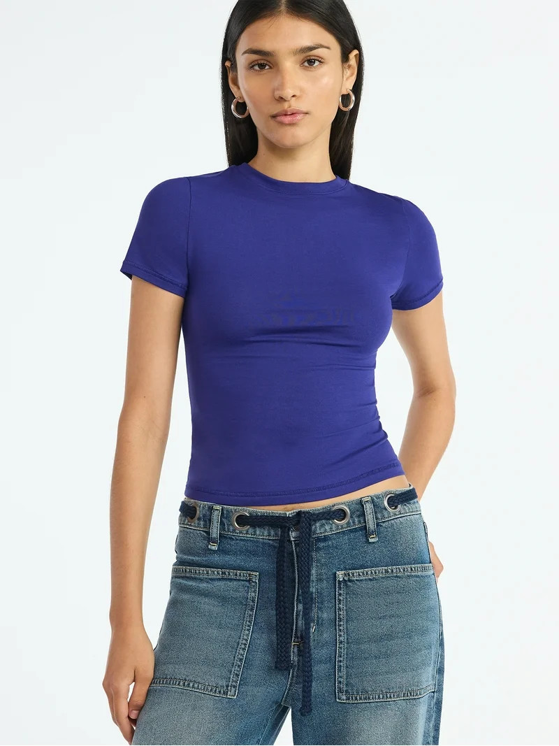 Scoop Women’s and Women’s Plus Stretch Cotton Blend Baby Tee with Short Sleeves, XS-4X | Walmart (US)