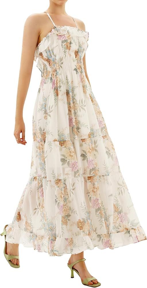 Women Lace Up Cami Maxi Dress Boho Summer Dress Casual Sun Dress Fresh Pattern Classic Beach Dres... | Amazon (US)
