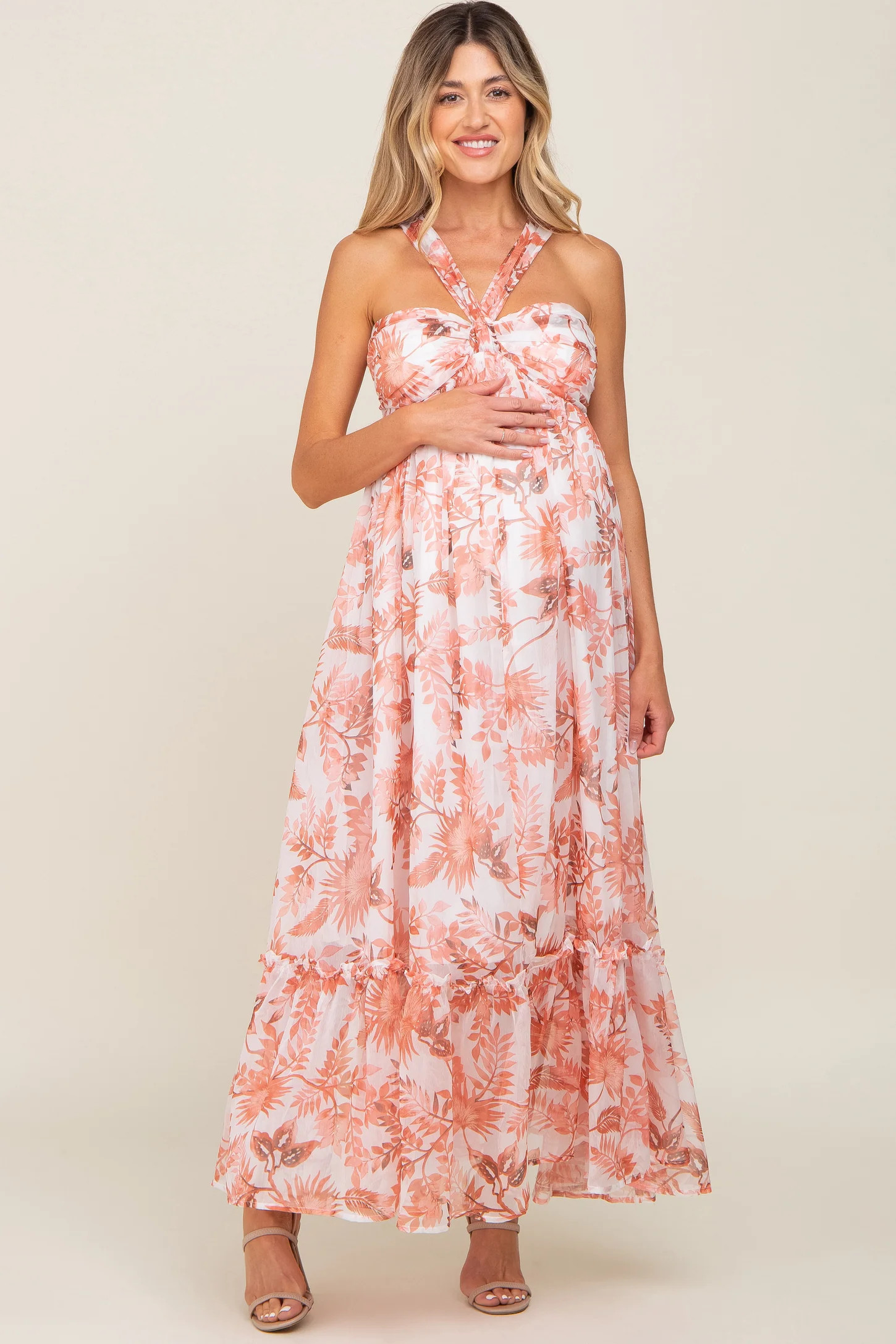 Rust Floral Chiffon Halter Maternity Maxi Dress | PinkBlush Maternity