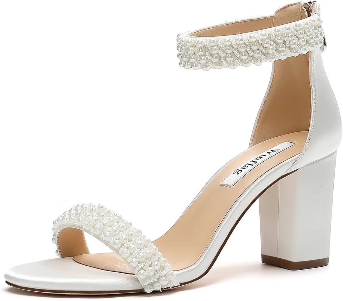Block Heel Wedding Sandals Pearl Heels Open Toe Wedding Shoes for Bride Bridal Shoes | Amazon (US)