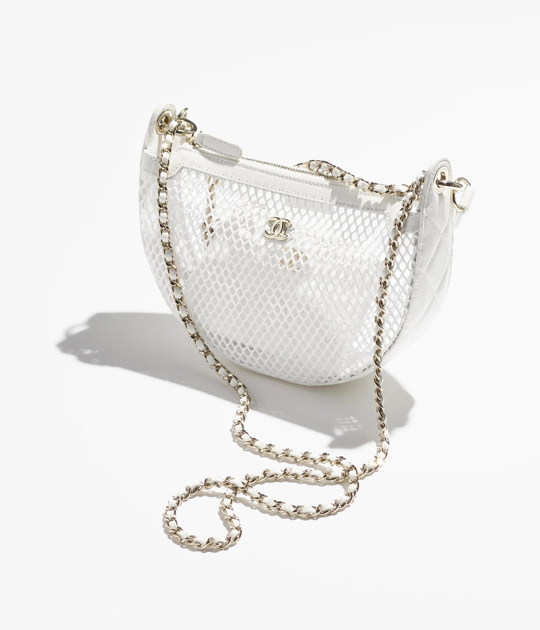 Clutch with chain - Mesh, shiny lambskin & gold-tone metal, white — Fashion | CHANEL | Chanel, Inc. (US)
