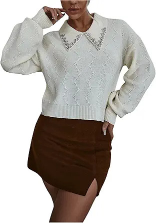 Verdusa Women's Old Money Collared Lantern Sleeve Cropped Sweaters Cable Knit Rhinestone Drop Sho... | Amazon (US)