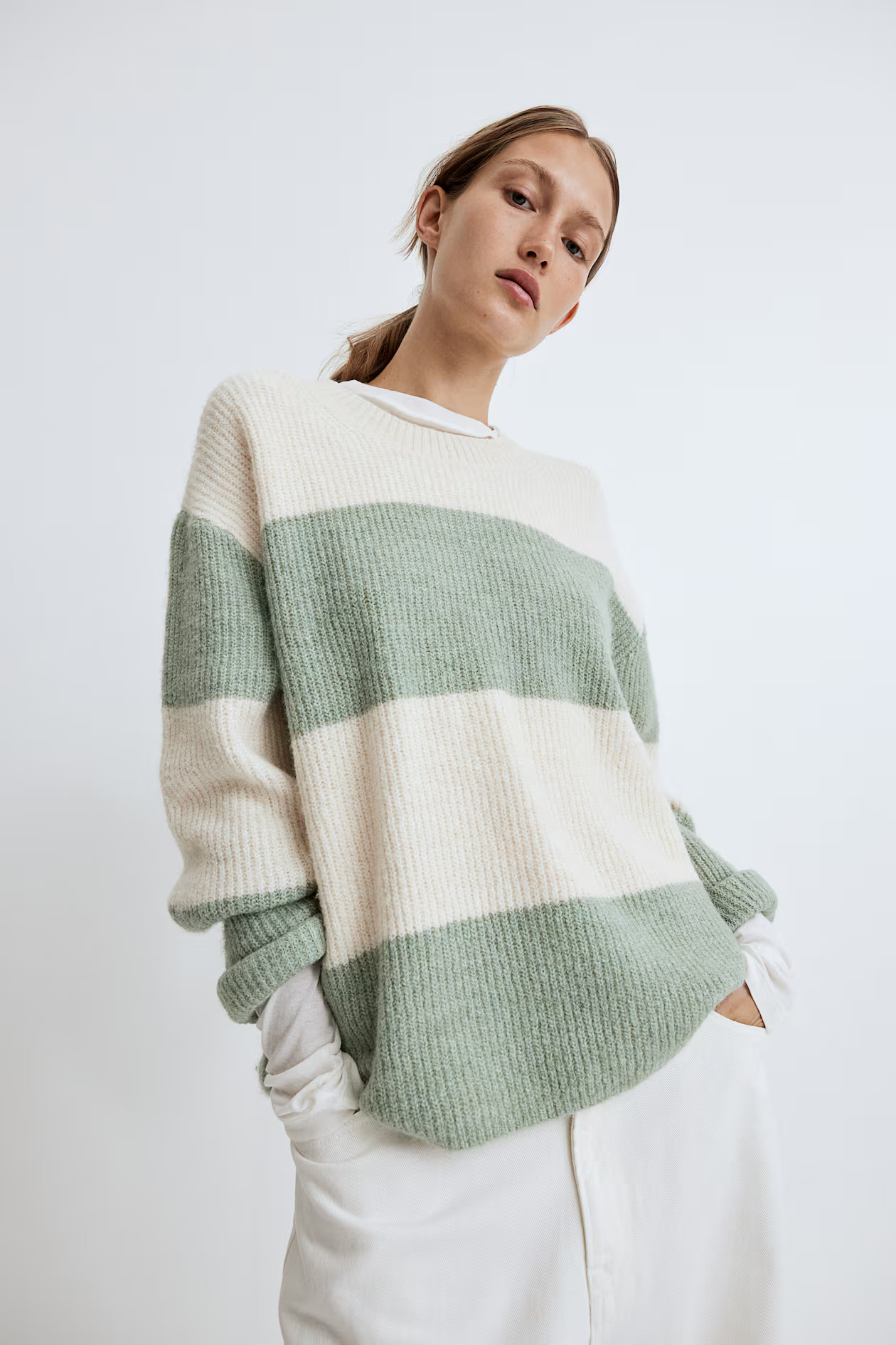 Rib-knit Sweater - Round Neck - Long sleeve - Light khaki green/cream - Ladies | H&M US | H&M (US + CA)