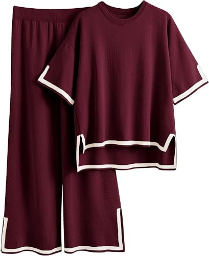 Tanming Sweater Sets Women 2 Piece Lounge Sets Short Sleeve Knit Pullover Tops Wide Leg Pants | Amazon (US)