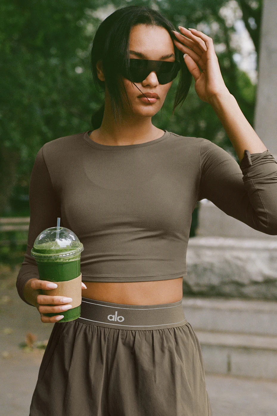 Alosoft Crop Finesse Long Sleeve Top in Olive Tree Green, Size: Medium | Alo Yoga (US)