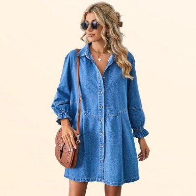 Clearlove Womens Denim Dress Button Down Denim Shirt Dress Ruffle Cuff Lantern Sleeve Mini Jean Dress Long Sleeve Babydoll Shift Dress, Light Blue-M | Target