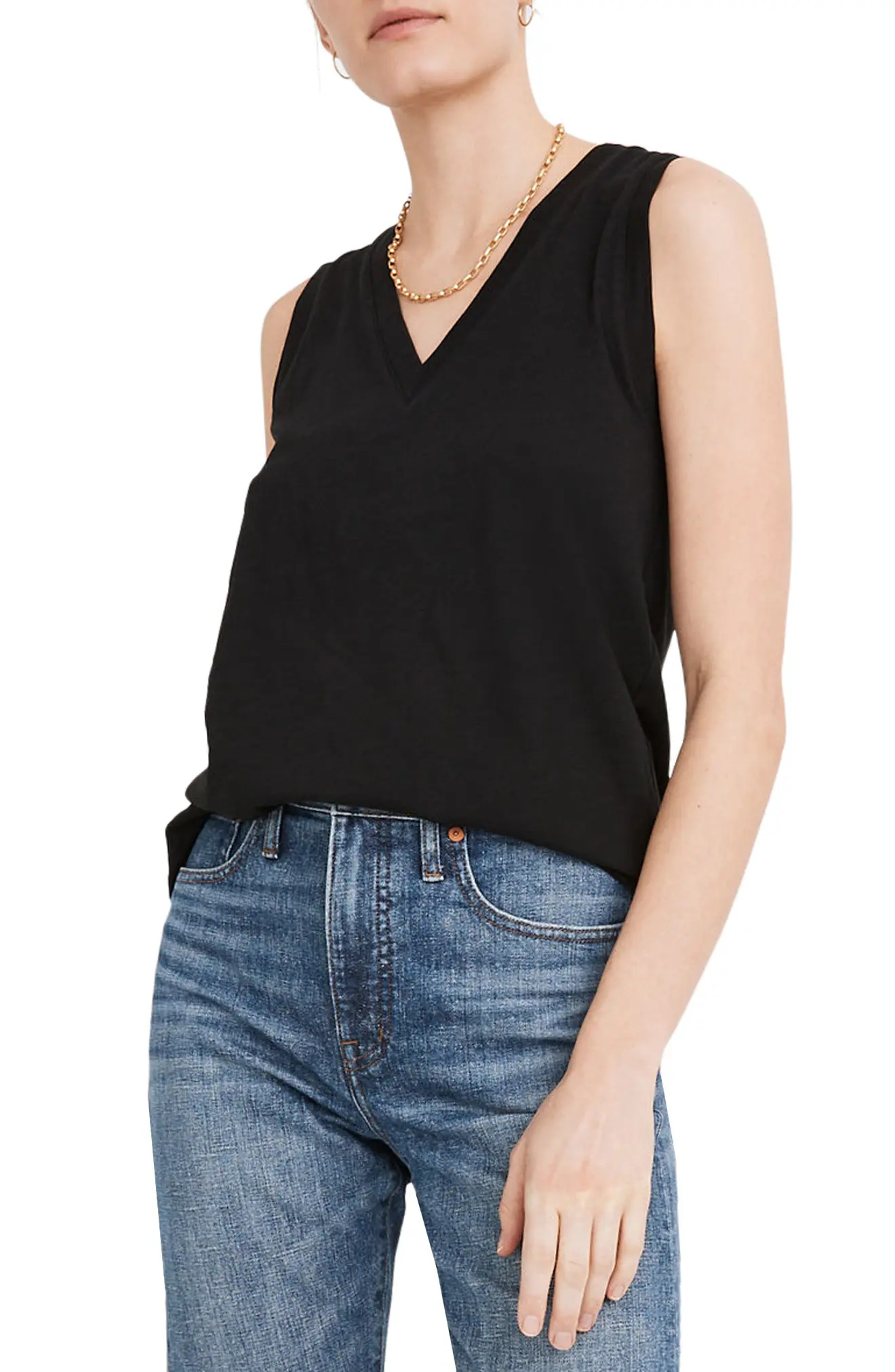Women's Madewell Whisper Shout Cotton V-Neck Tank, Size Small - Black | Nordstrom