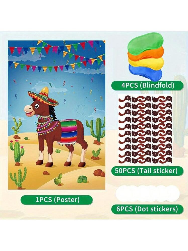 1set Pin The Tail On The Donkey Party Game With 50 Pcs Tails Large Mexican Donkey Games Poster Fo... | SHEIN