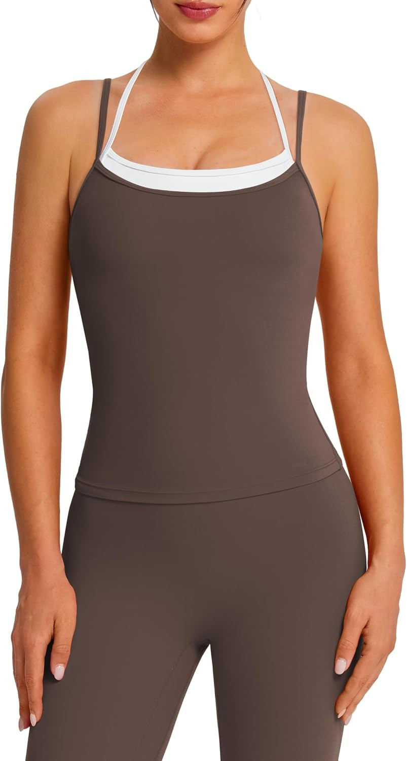 OMKAGI Double Layer Workout Sets for Women Open Back Tank Booty Gym Outfits | Amazon (US)