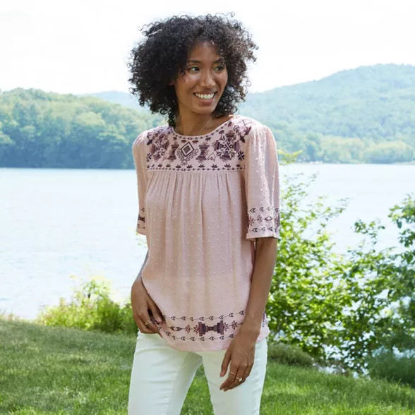 Women's Short Sleeve Embroidered Clip Dot Top - Knox Rose™ Cream | Target