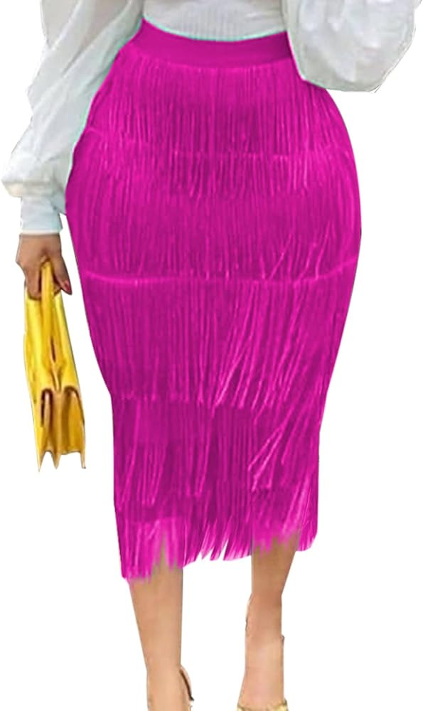 GTMRINJN Women's Zipper Bodycon Pencil Fringe Midi Skirt Sheath Tassel Dance Skirts Dresses S-XXL | Amazon (US)