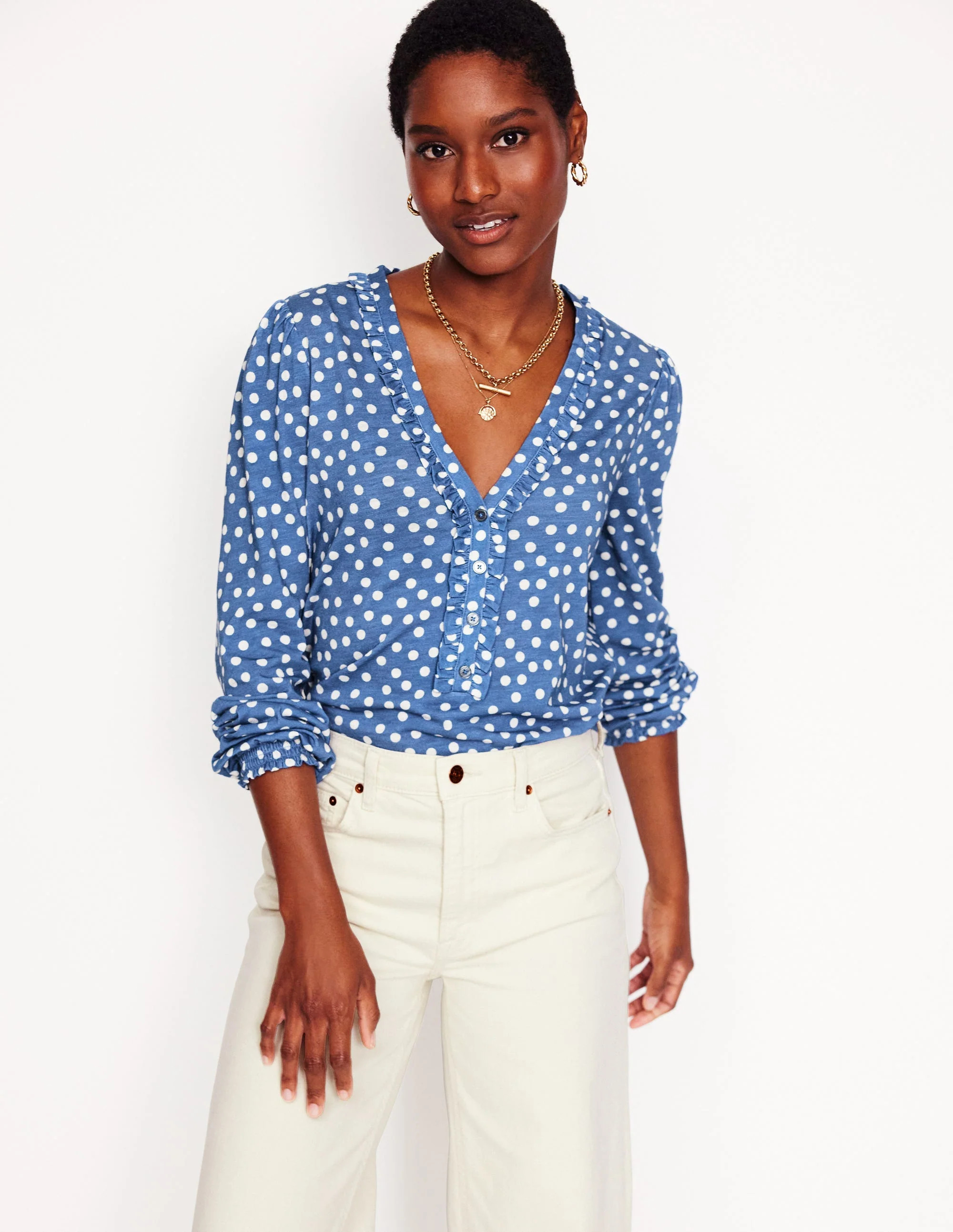 Poppy Ruffled Henley Top-Blue River, Abstract Spot | Boden (US)