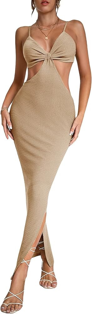 SheIn Women's Cut Out Split Bodycon Maxi Dress Slit Backless Sleeveless V Neck Long Dresses | Amazon (US)