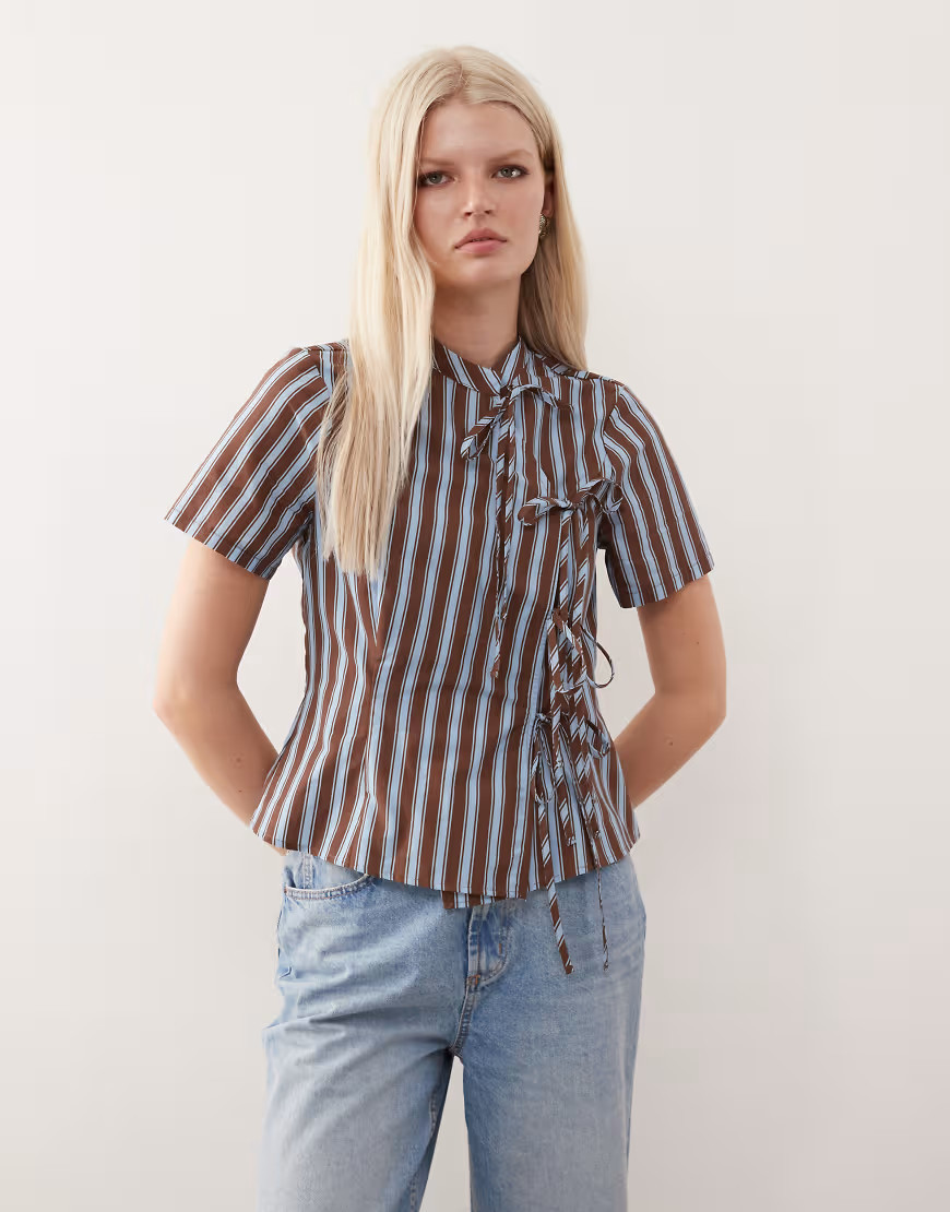 Reclaimed Vintage top with asymmetric tie detail in blue and brown stripe-Multi | ASOS (Global)