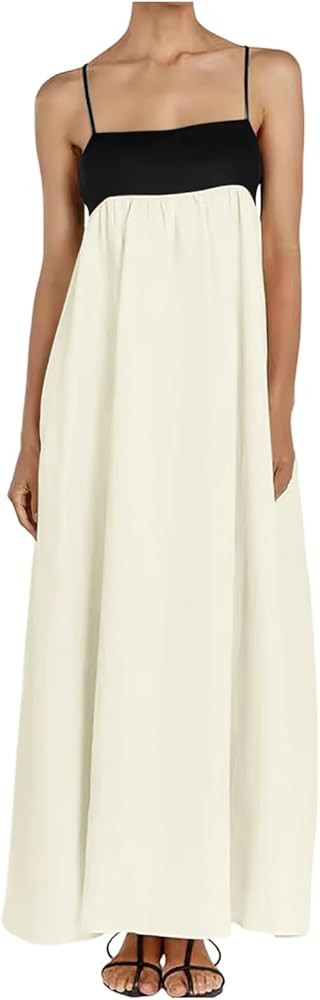 Womens Linen Maxi Dress Contrast Trim Spaghetti Straps Sleeveless Long Dress Summer Travel Vacati... | Amazon (US)