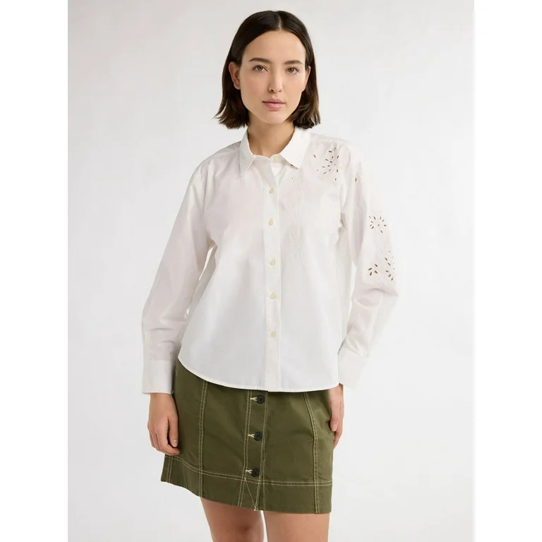 Free Assembly Women’s Button Front Cotton Embroidered Shirt with Long Sleeves, Sizes S-XXXL | Walmart (US)