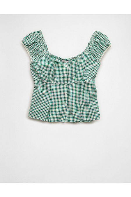 AE Cap-Sleeve Button-Up Top Women's Green S | American Eagle Outfitters (US & CA)