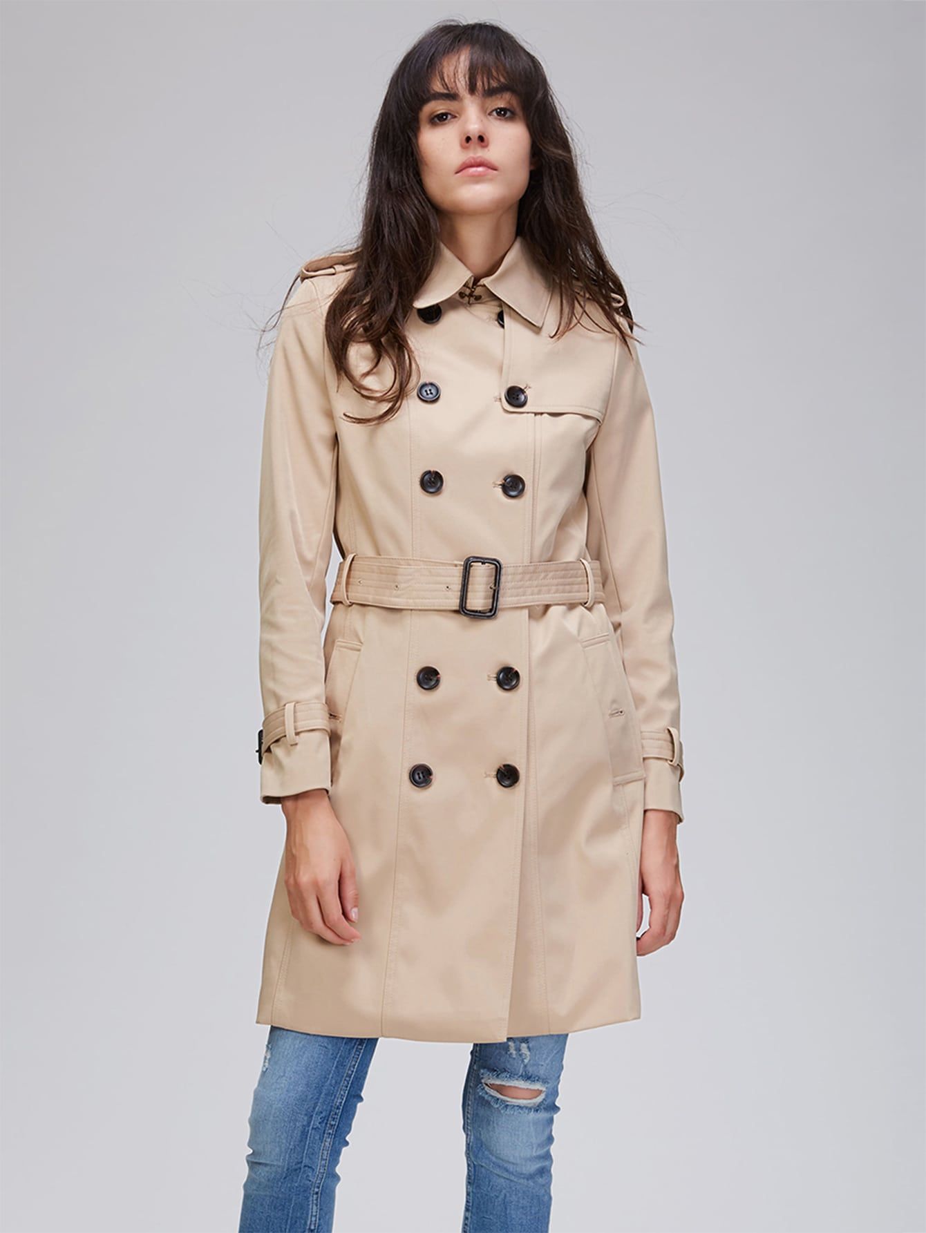 JAZZEVAR Double Button Buckle Belted Trench Coat | SHEIN