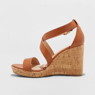 Women's Cecilia Faux Leather Cork Bottom Strappy Wedge Pumps - A New Day™ | Target