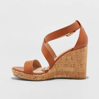 Women's Cecilia Faux Leather Cork Bottom Strappy Wedge Pumps - A New Day™ | Target
