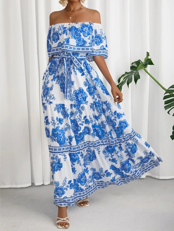 SHEIN VCAY Floral Print Off Shoulder Ruffle Hem Belted Dress | SHEIN