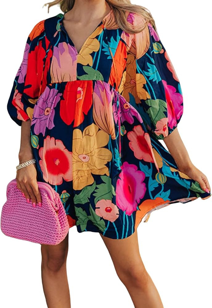 Womens Floral Print Dress Casual V Neck Tassel Tie Half Sleeve Summer Mini Dress | Amazon (US)