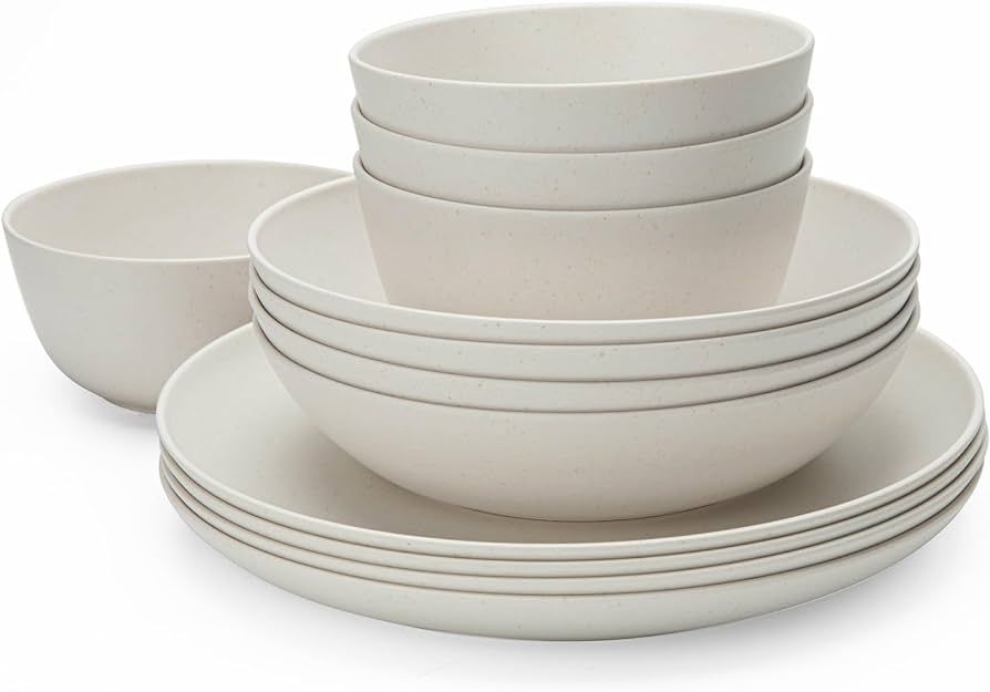 Bamboo White Kitchen Plates and Bowls Set, 12 Piece non-breakable Melamine Dinnerware Sets, Eco-F... | Amazon (US)