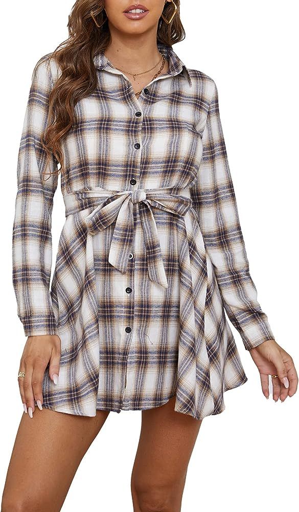 LYANER Women's Plaid Button Down Collar Ruffle Hem Long Sleeve T-Shirt Dress with Belt Khaki Smal... | Amazon (US)