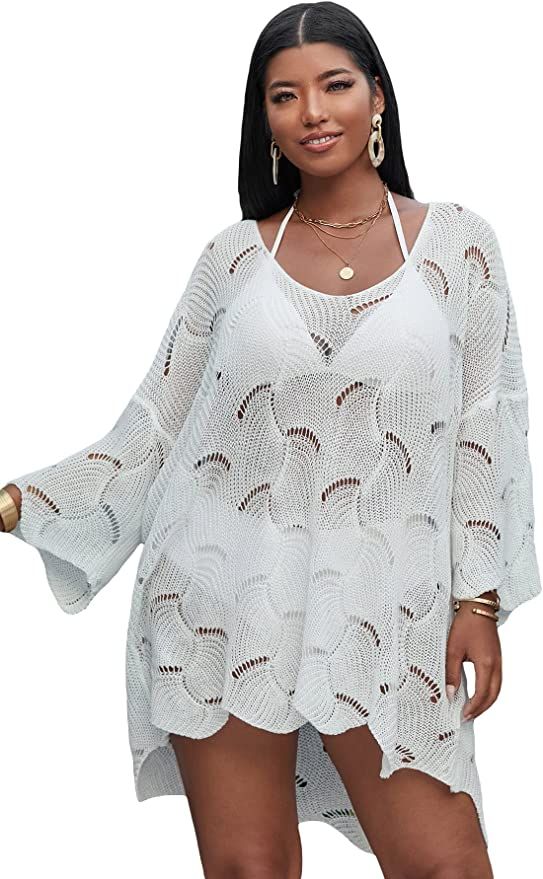 Romwe Women's Plus Size Short Sleeve Bathing Suit Cover Up Crochet Swim Beach Dress | Amazon (US)