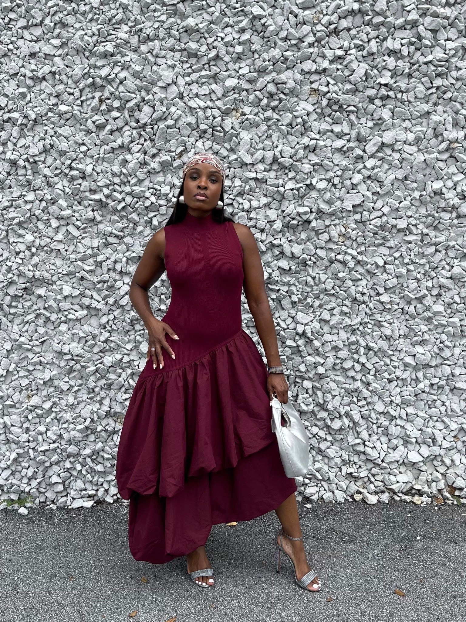 Amur midi burgundy Bordeaux elegant event dress asymmetrical drop waist dress paisley print scarf elegant outfit idea fall and spring dress 