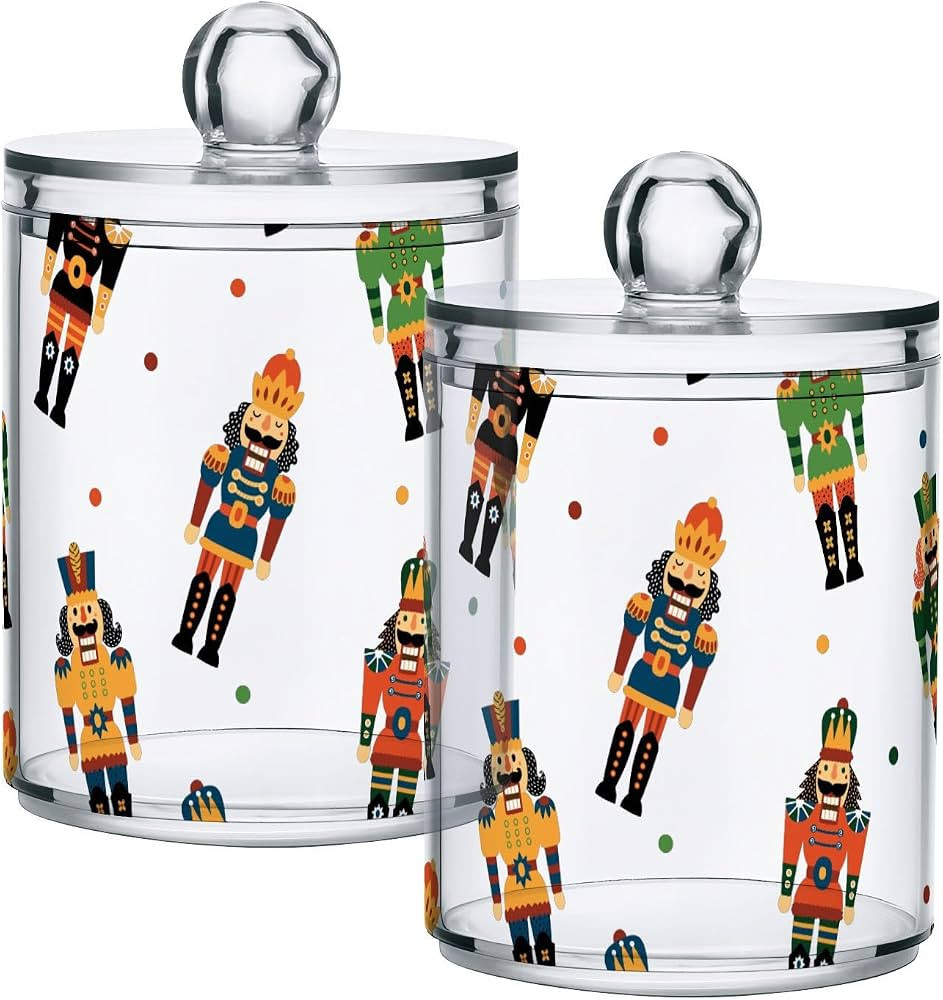 2 Pack Apothecary Jars Bathroom Christmas Nutcrackers Qtip Holder Dispenser Clear Plastic Storage... | Amazon (US)