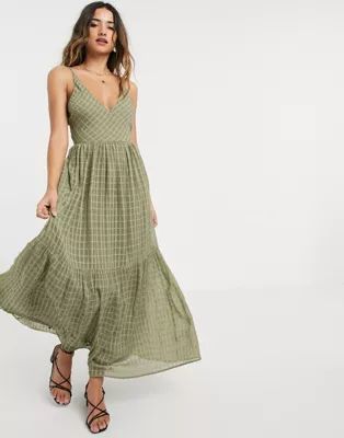 ASOS DESIGN tiered cami maxi dress with open back in khaki | ASOS US