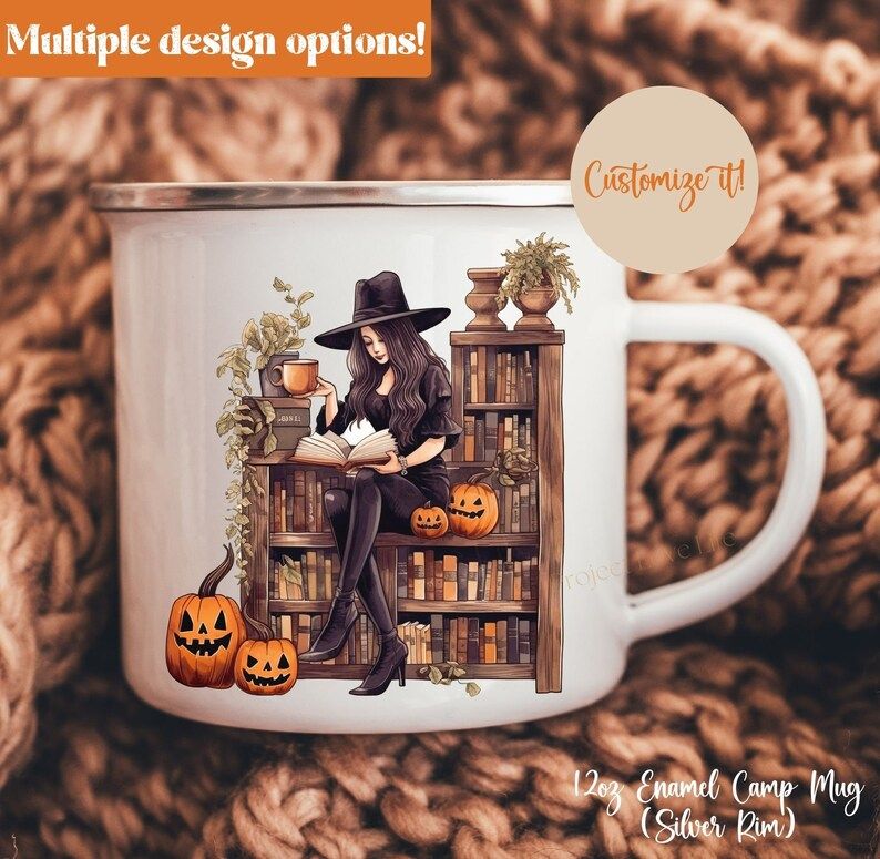 Witchy Halloween Mug Book Lovers Bookshelf Pumpkin Coffee Cup - Etsy | Etsy (US)