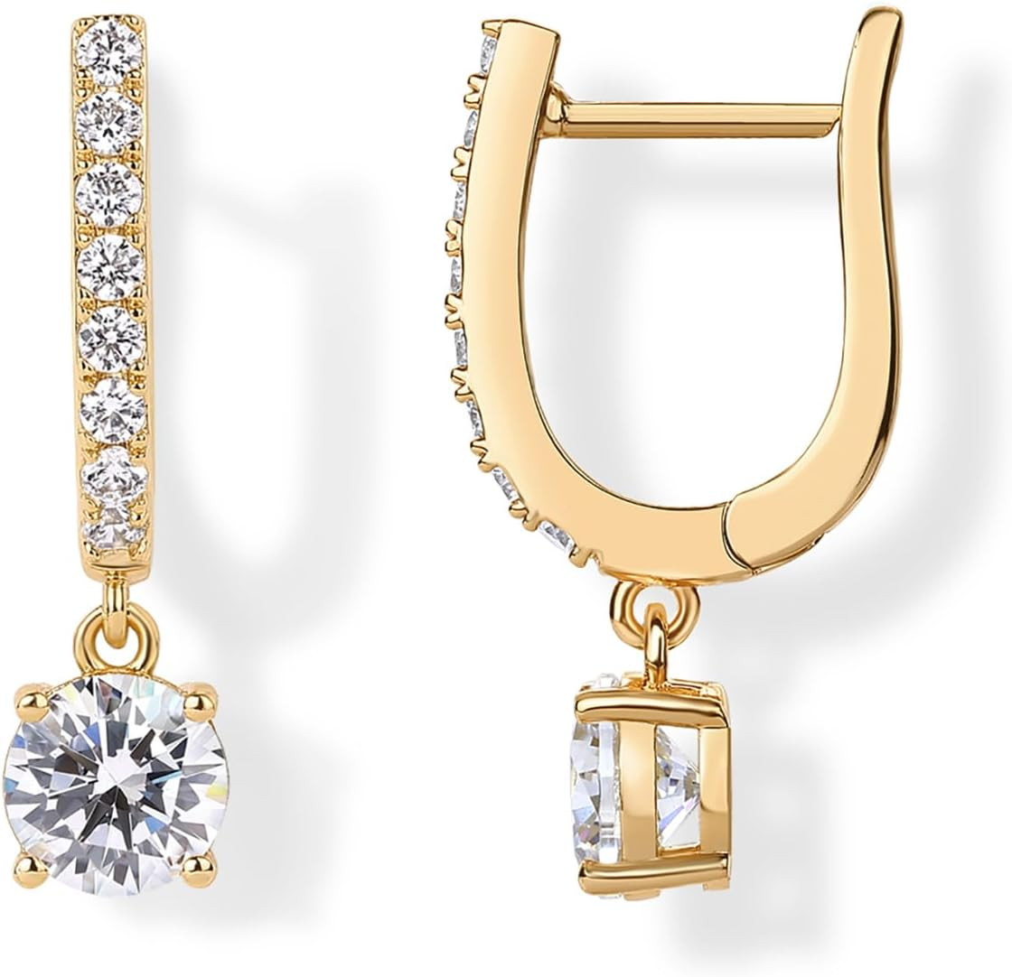 PAVOI 14K Gold Plated Dangle Hoop Earrings for Women, Bridal CZ Earring | Amazon (US)