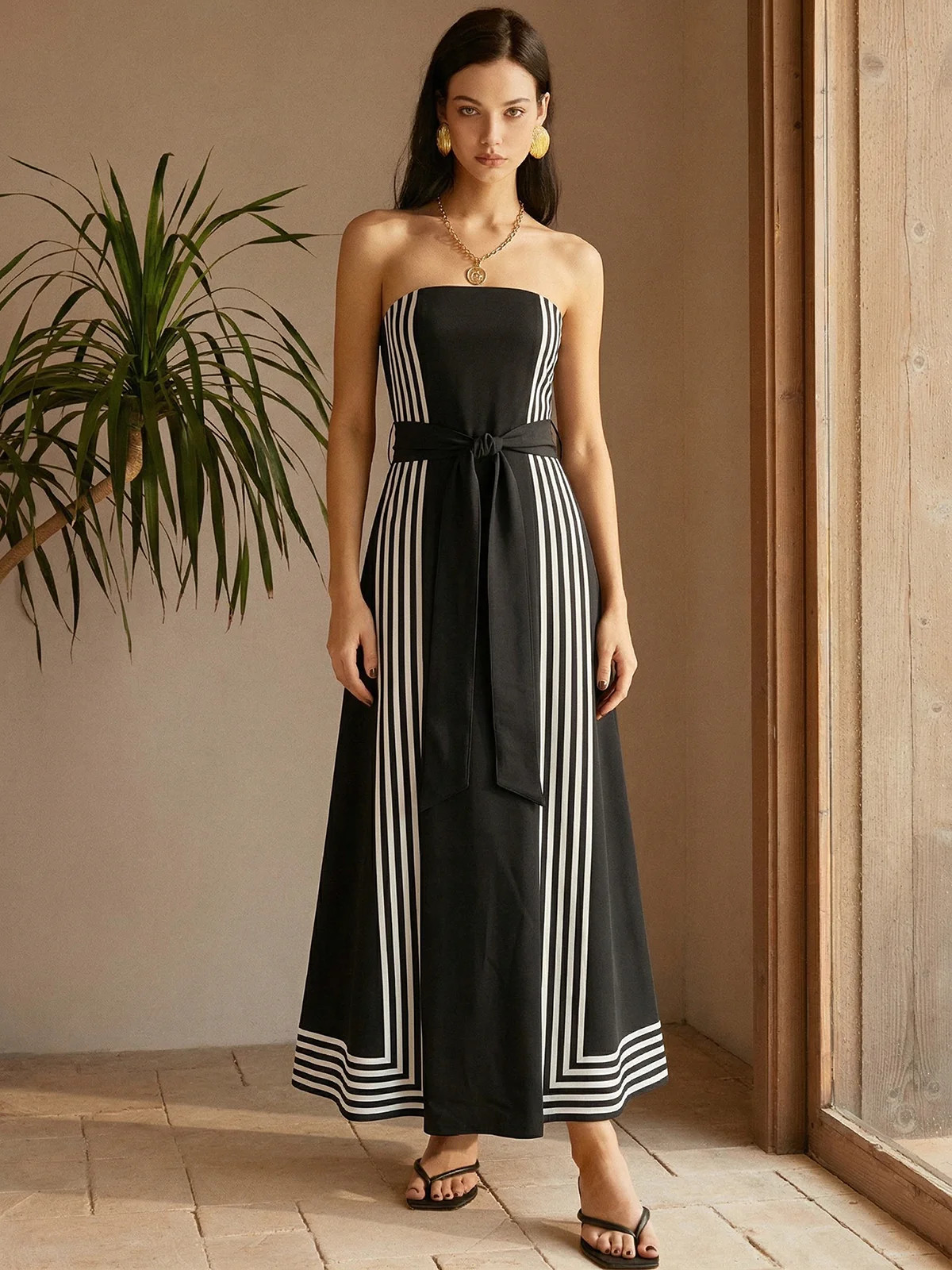 Strapless Striped Belted Midi Dress | Commense