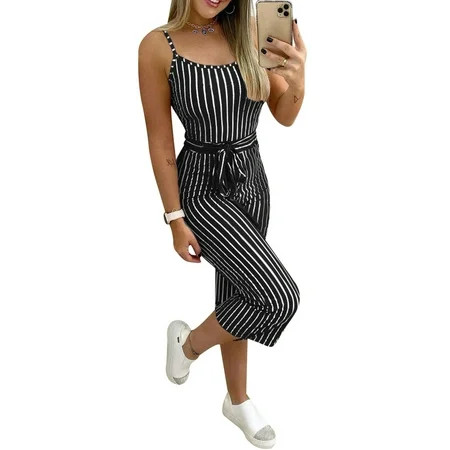 LilyLLL Womens Striped Print Playsuit Capri Pants Sleeveless Belted Jumpsuit Romper | Walmart (US)