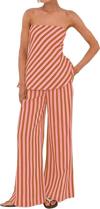 calbatic Women Polka Dot 2 Piece Outfits Spot Strapless Tube Top High Waist Wide Leg Pants Casual... | Amazon (US)