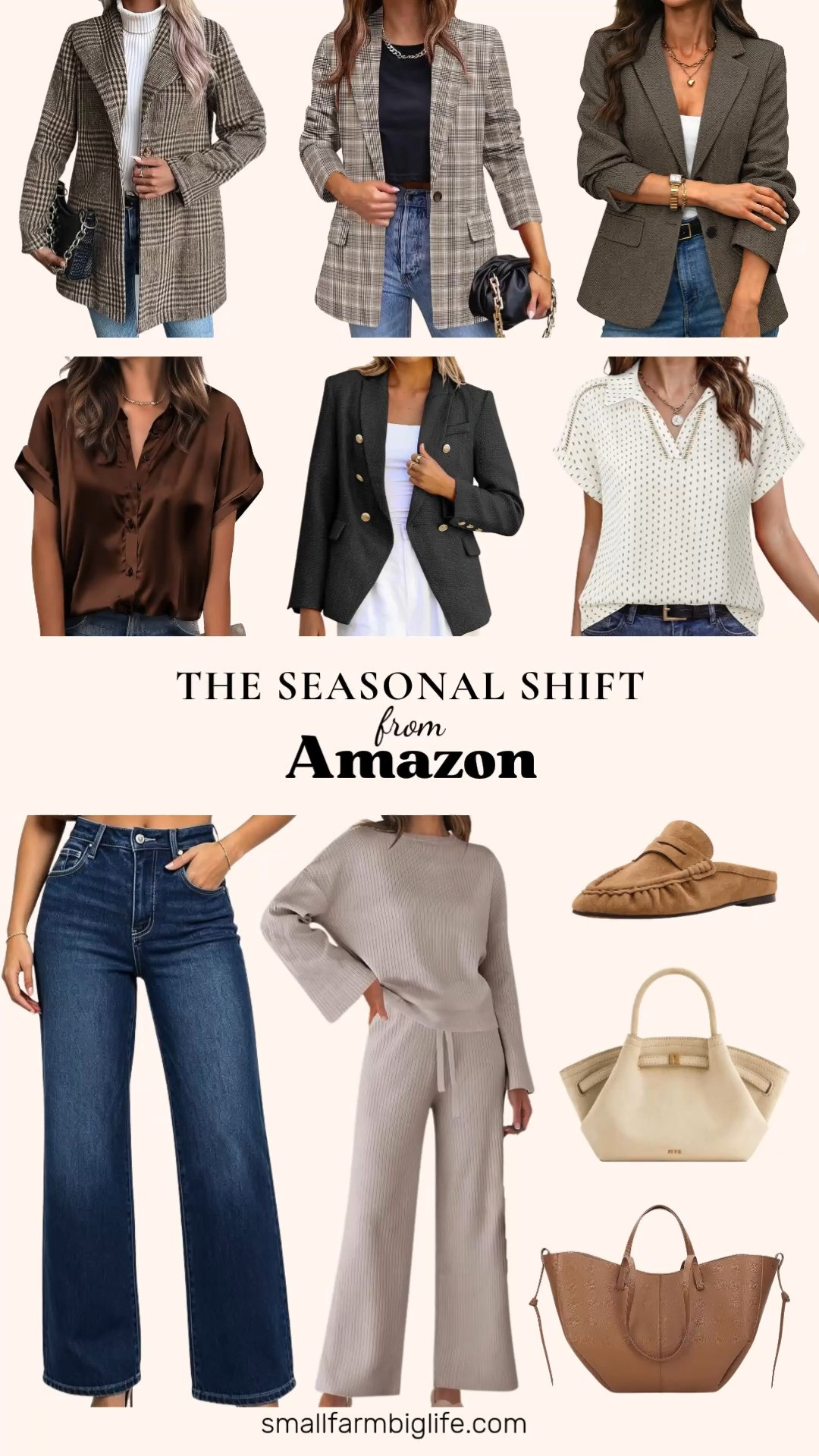Fall office wardrobes deserve an update and this edit rounds up the best workwear pieces worth adding to your closet right now.

Starting with blazers: a brown and khaki plaid open front blazer, a black and gold button tweed double breasted blazer, a brown herringbone tweed slim fit blazer with flap pockets, and a brown plaid open front lapel blazer, all easy to layer over any outfit.

For tops: a chocolate brown satin short sleeve button down blouse, and a beige and tan patterned short sleeve chiffon blouse, both lightweight and office ready.

For bottoms: a navy blue high waisted wide leg jean in a premium stretch denim with a relaxed long fit.

Rounding out the edit: a camel faux leather tote bag with a magnetic closure, a cream mini tote bag, a caramel brown loafer, and an oatmeal two piece knit sweatsuit set for easy travel or lounge days.

#falloffice #blazerseason #widelegjeans #falltotebag #loungeset 

 #LTKootd #LTKOver40 #LTKWorkwear