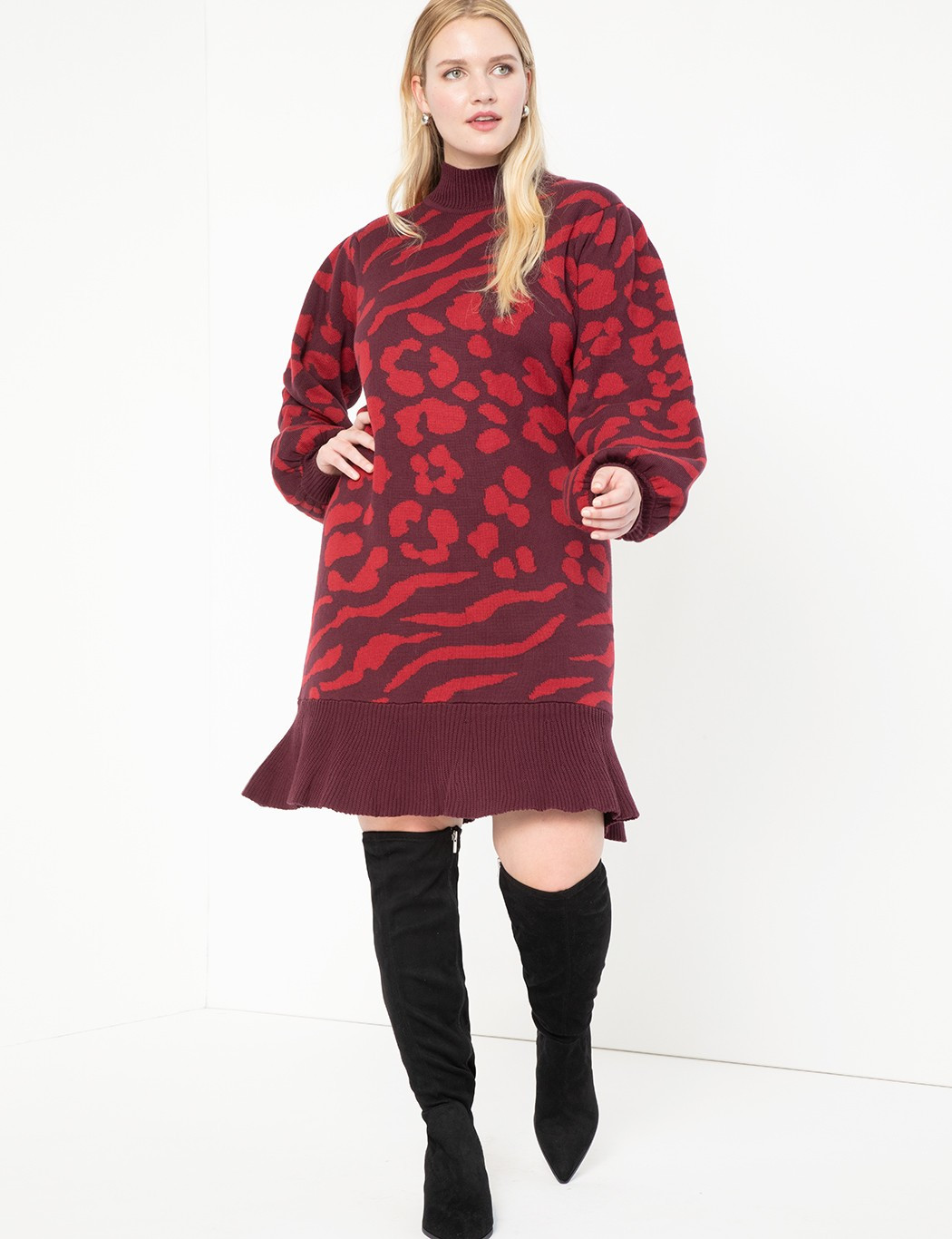 Jacquard Sweater Dress With Puff Sleeve | Eloquii