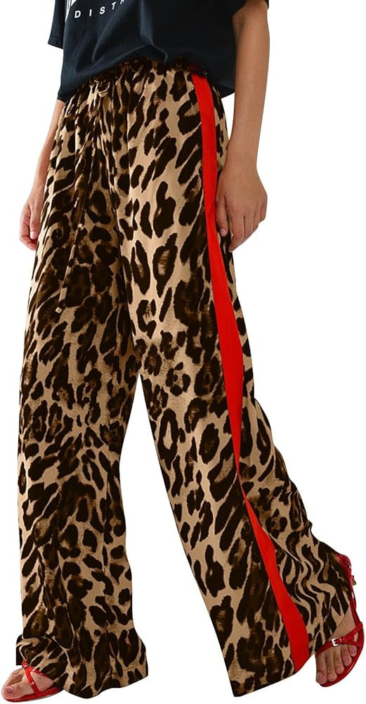 Leopard Print Pants for Women Cheetah Printed Side Striped Color Block Straight Leg Wide Leg Pant... | Amazon (US)