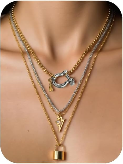 Layered Necklaces for Women 4 Set,18K Gold Plated Link Chain Stainless Steel Lightning Lock Cuban... | Amazon (US)