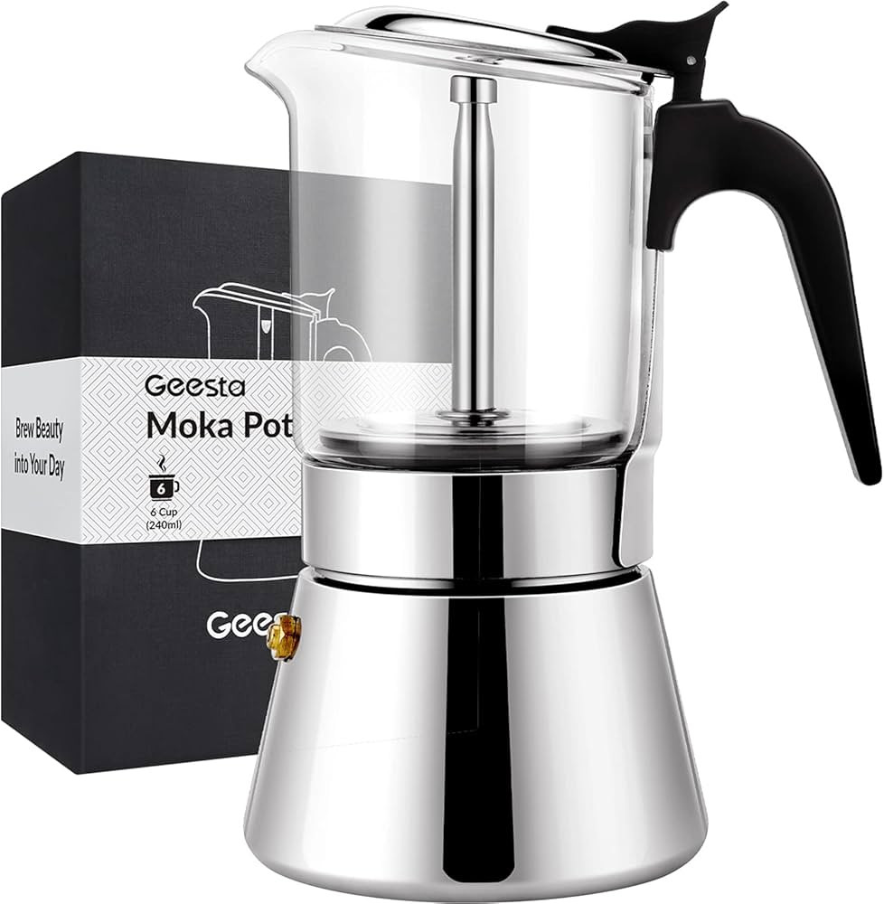 Geesta Premium Crystal Glass-Top Stovetop Espresso Moka Pot - 4/6/ 9 Cups - Stainless Steel Coffe... | Amazon (US)