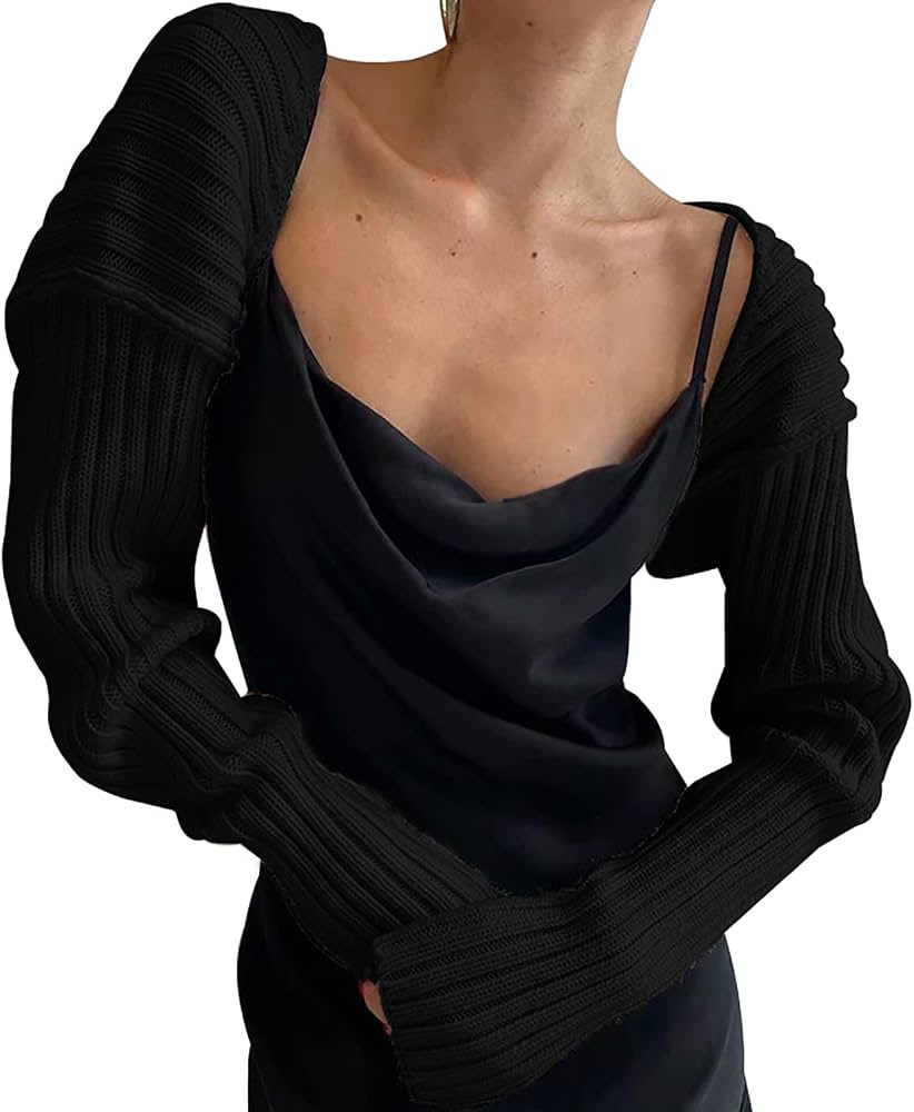LOFAAC BINIDE Women Y2K Open Front Rib Knit Shrug Crop Cardigan Solid Drop Shoulder Puff Long Sle... | Amazon (US)