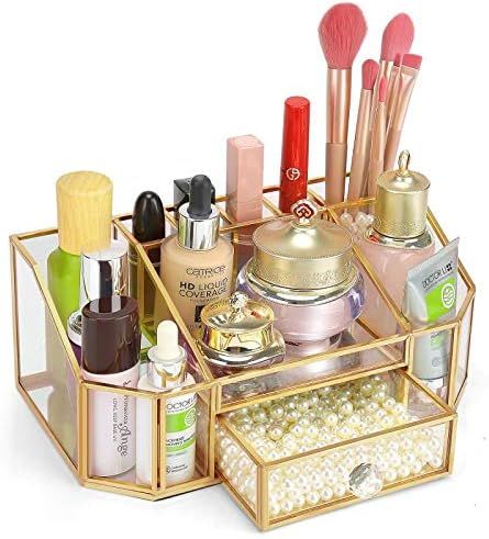 Makeup Organizer Gold Makeup Storage Glass Cosmetic Storage Drawers with Brass Metal Large Capaci... | Amazon (US)