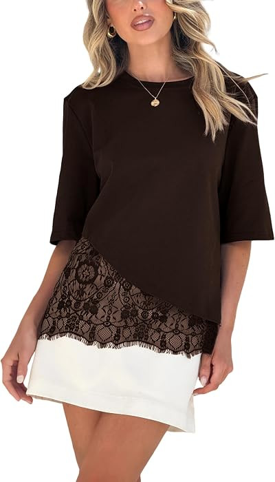Womens Lace Patchwork Top Short Sleeve Crew Neck Asymmetric Hem Relaxed Fit Lace Blouses Casual T... | Amazon (US)