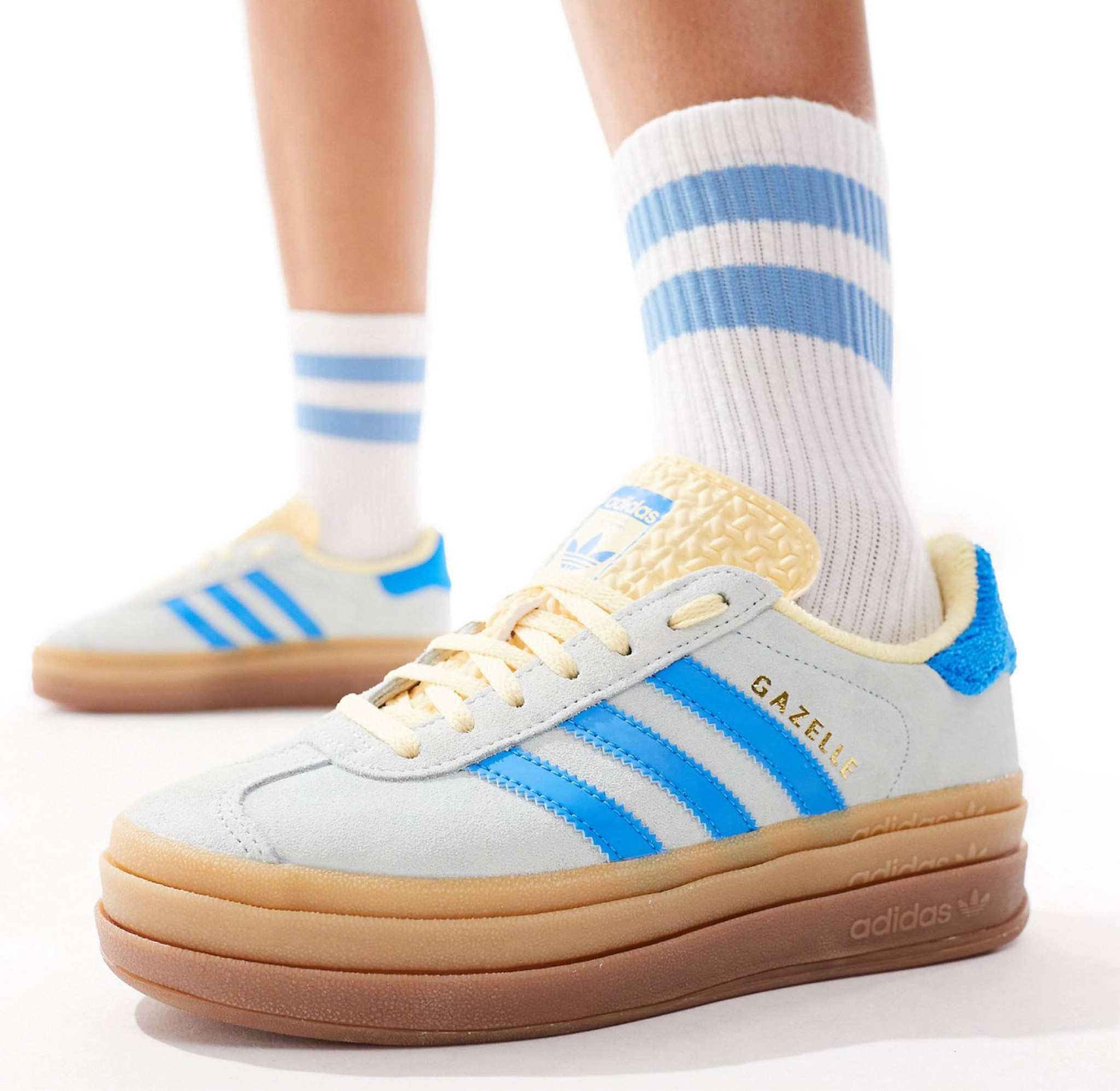 Light blue and yellow Adidas Gazelle with gum sole! 

#LTKshoecrush #LTKstyletip