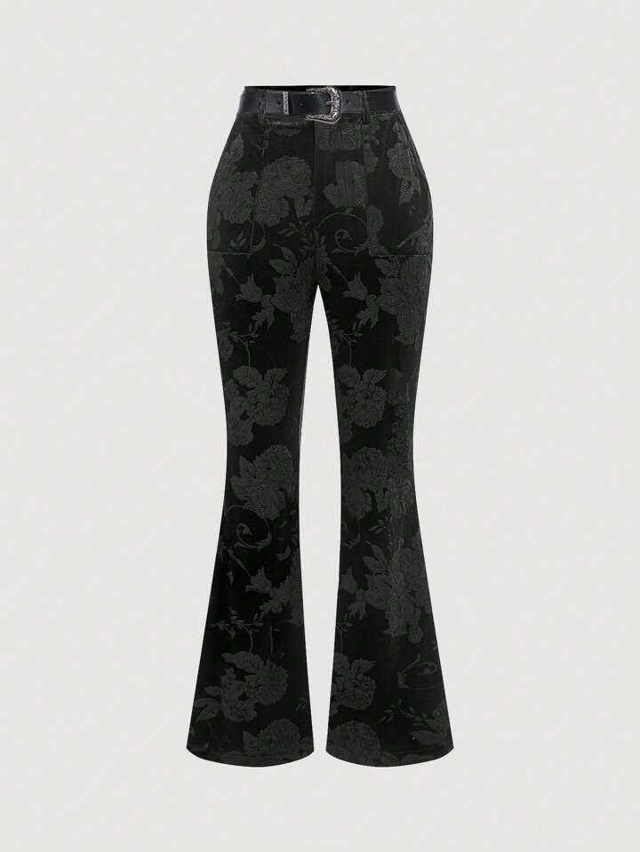 SHEIN MOD Women Floral Jacquard Velvet Flared Pants, Suitable For Everyday Wear And Party Occasio... | SHEIN