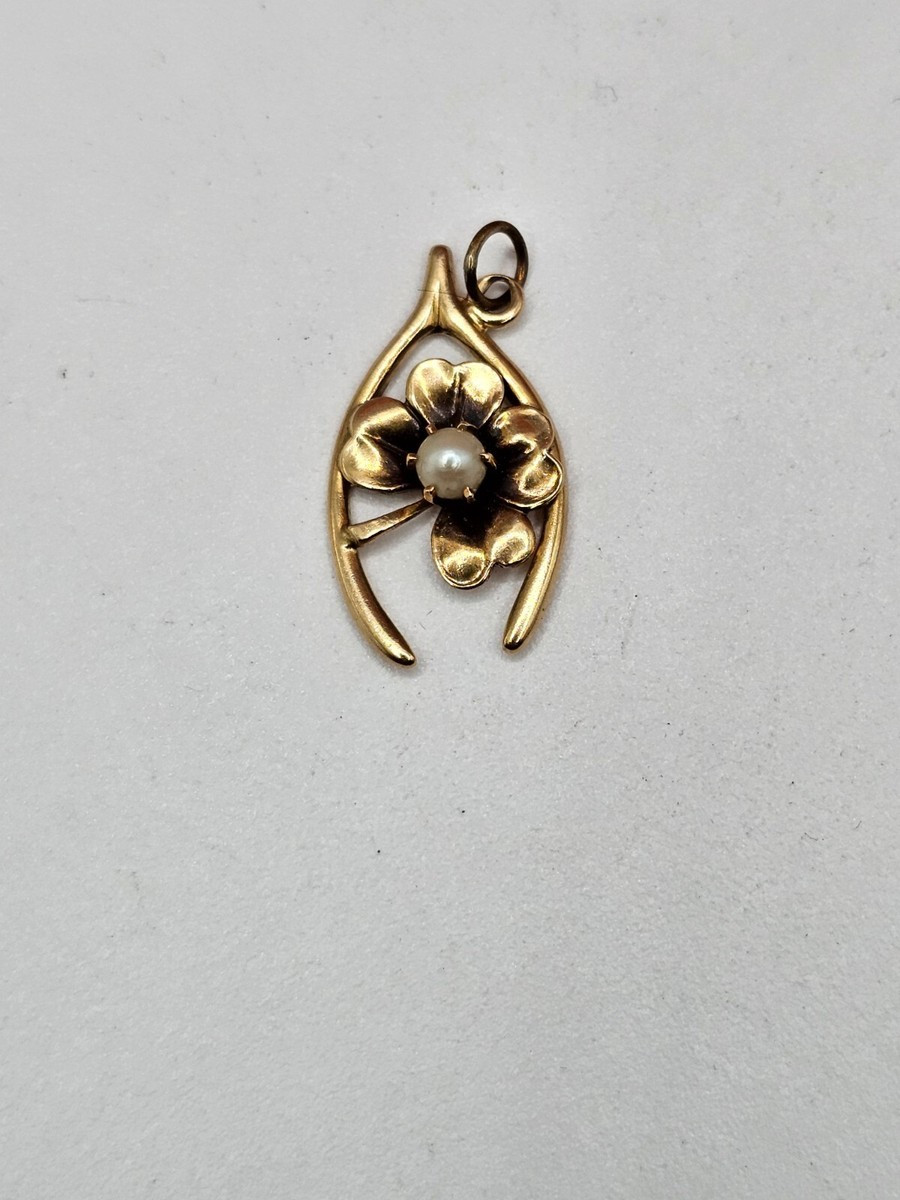 Antique 14K yellow gold Horseshoe 4 leaf clover Pearl pendant | eBay US