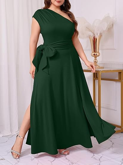 Ekaliy Women's One Shoulder Belted Maxi Dress Long Formal Wedding Guest Dress with Pockets | Amazon (US)